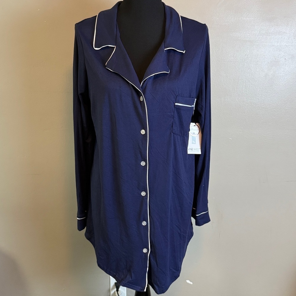 Nine West Navy Nightshirt with White Satin Accents Sz L NWT